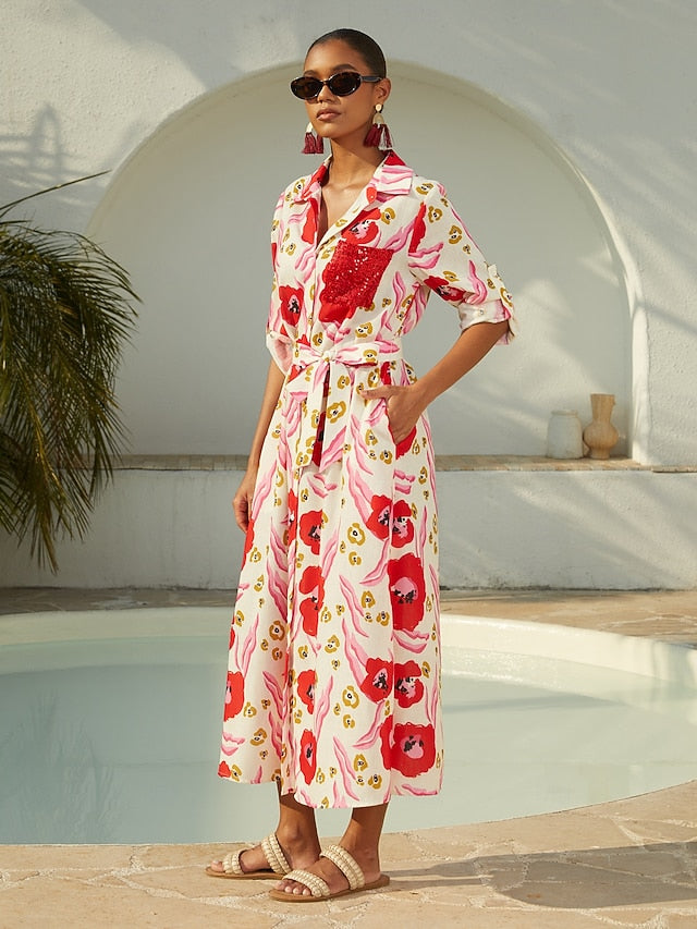 Abstract Floral Print Long Shirt Maxi Dress Vacation Casual