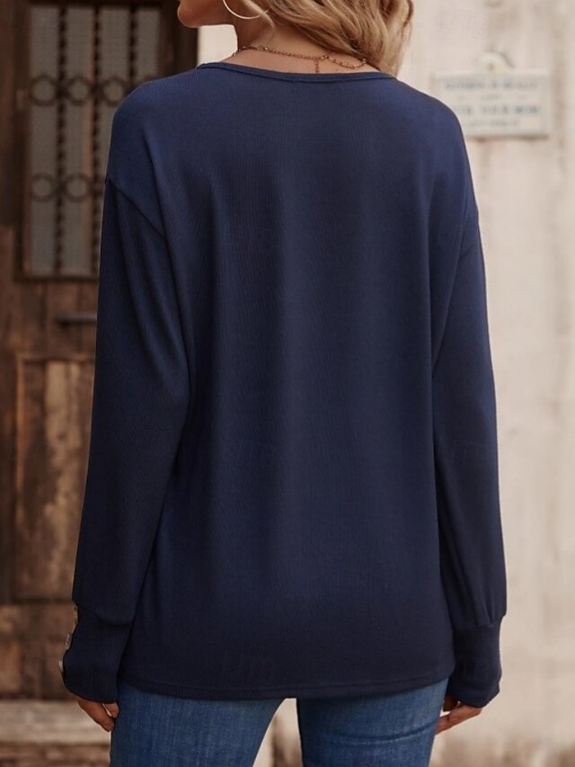 Women's T Shirt Tee Top Buttons Solid Color Fashion Stylish