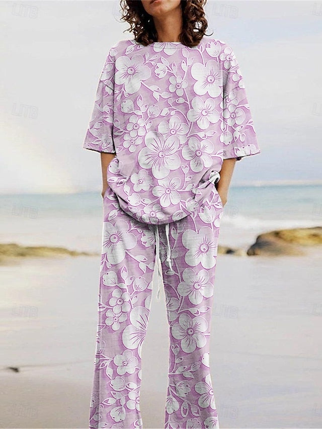 Women's Pants Sets 3/4 Length Sleeve Crew Neck Floral Print