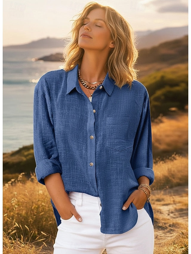 Women's Shirt Button Up Blouse Long Cotton Top Pocket