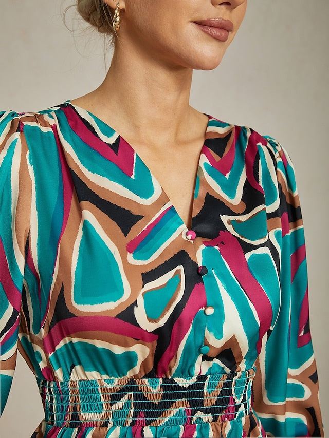 Colorful Abstract Print Satin Top with Cinched Waist