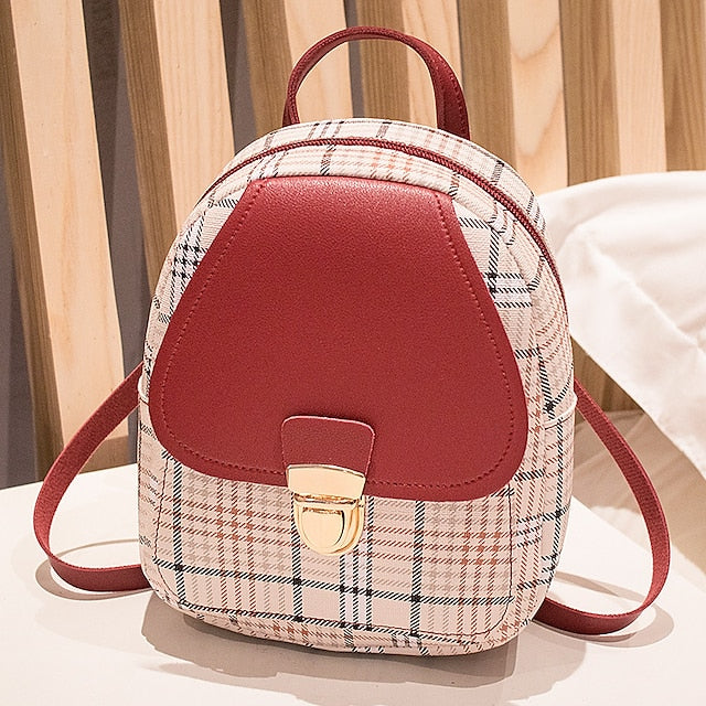 Leather Backpack Mini Buckle – with and Stylish Plaid Flap