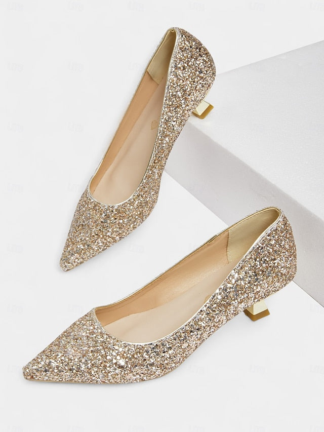 - Women's Glitter Pointed Pumps Low Toe Sparkly Heel