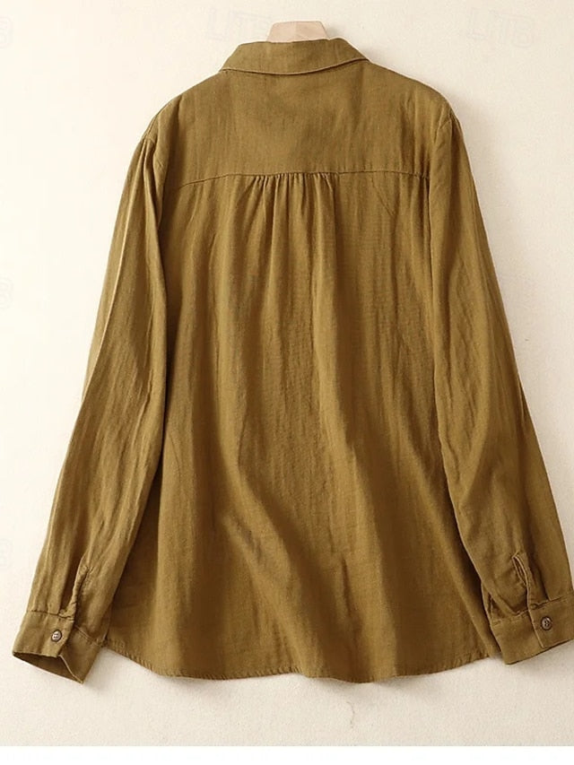 Women's Casual Shirt Button Up Shirt Blouse Ruched Solid