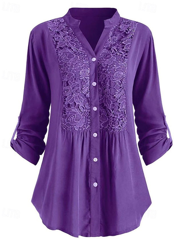 Women's Shirt Blouse Ruched Lace Buttons Plain Elegant