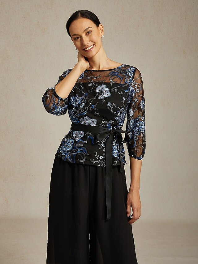 Women's Dressy Tops Embroidered Illusion Lace Elegant 3/4