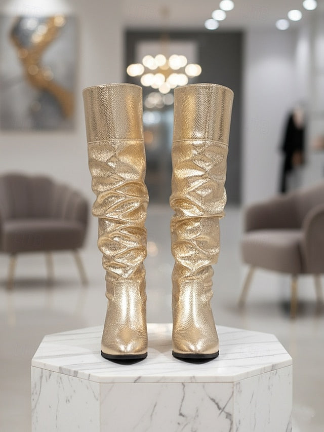 Knee - Women's Boots Gold High Slouch Shiny Party Metallic