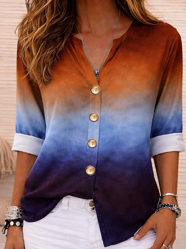 Women's Shirt Tunic Summer Tops Buttons Ombre Graphic