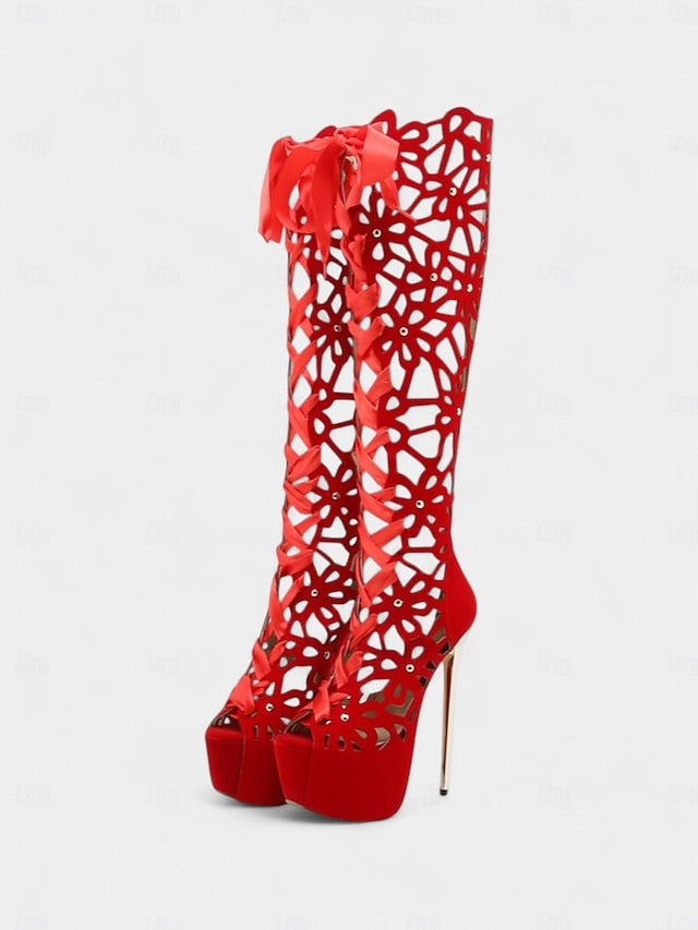 Stiletto Platform High Women's Sexy Cutout Peep Boots Knee