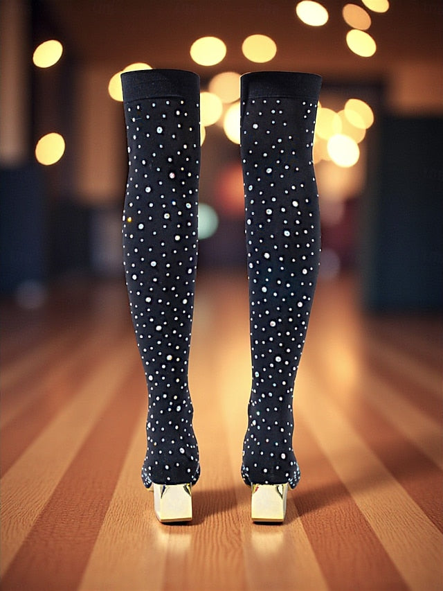 Women's Boots Black Rhinestone with Pointed Over-the-Knee