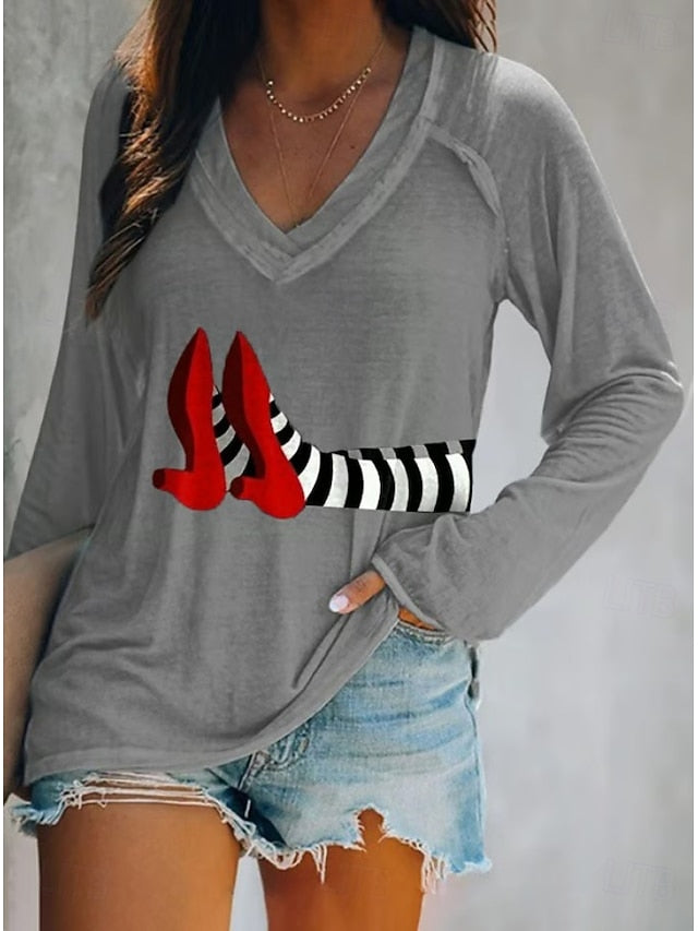 Women's T shirt Witch Long Sleeve V Neck Long Sleeve