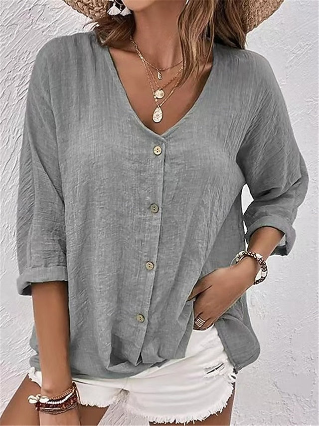 Women's Shirt Blouse Ruched Buttons Plain Elegant Vacation