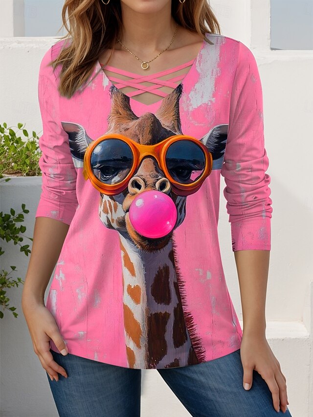 Women's T shirt Long Sleeve Graphic Animal Giraffe Vintage