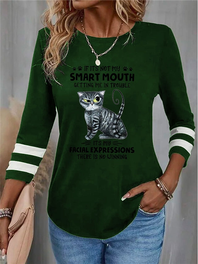 Women's T shirt Crew Neck Long Sleeve Tunic Cat Letter