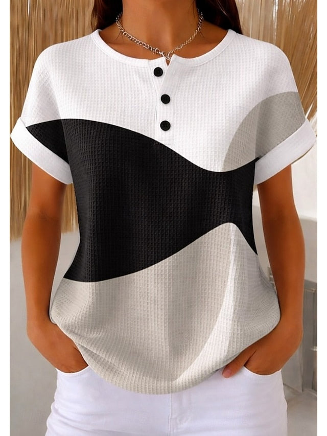 Women's Textured Knit Tops T Shirt Color Block Graphic
