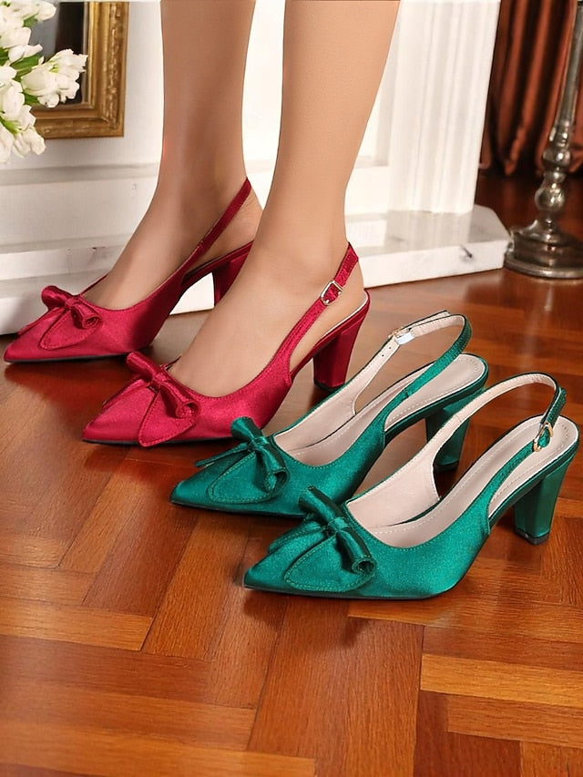 Heels Bow with Green 1950s Women's Slingback Satin Vintage