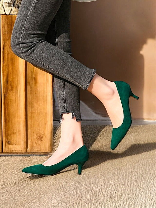 Women's Pointed-Toe Kitten Green Suede Pumps Emerald with