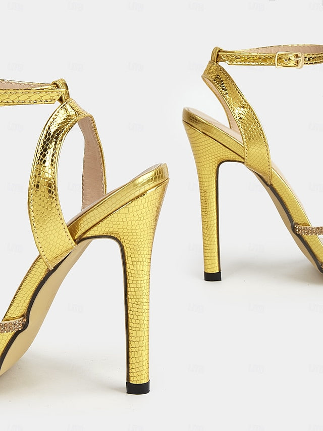 Rhinestone-Embellished Women Sandals for Stiletto Open-Toe Gold