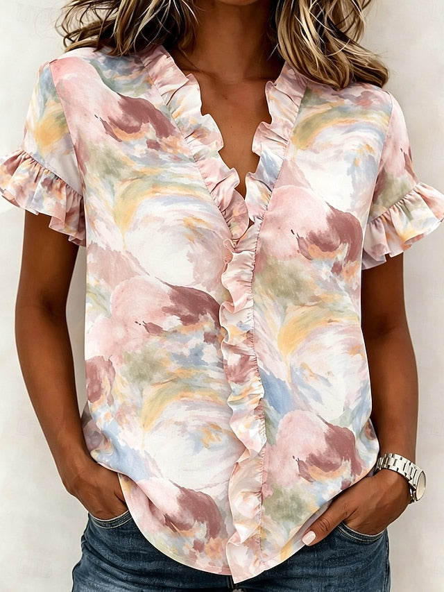 Women's Shirt Tunic Ruffle Ombre Graphic Abstract Elegant
