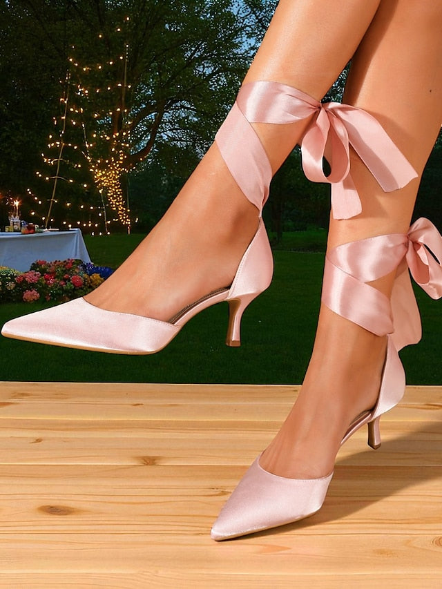 Pointed-Toe Ribbon Satin Heel Women's Shoes with Kitten
