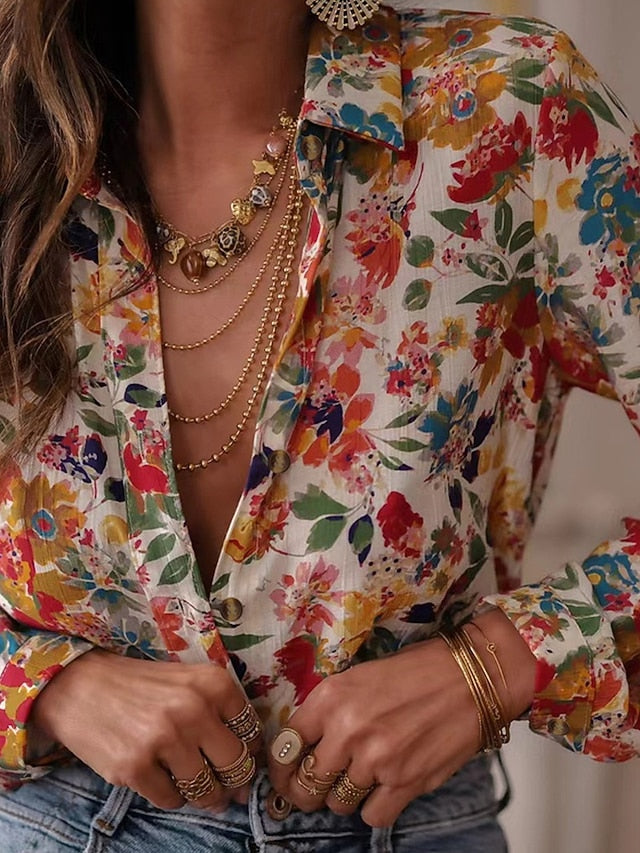 Women's Shirt Pocket Buttons Print Floral Bohemia Stylish