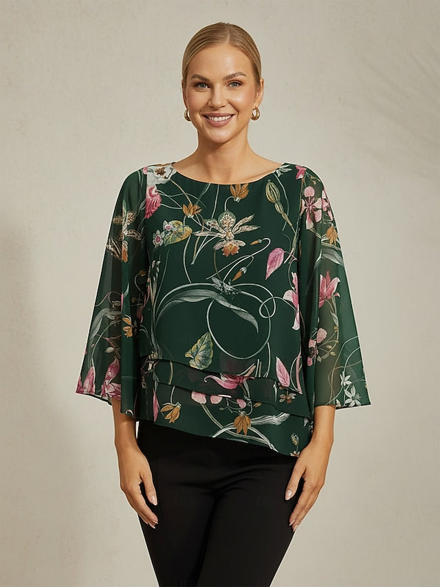 Women's Blouse Sheer Chiffon Green Floral Print Half Sleeve