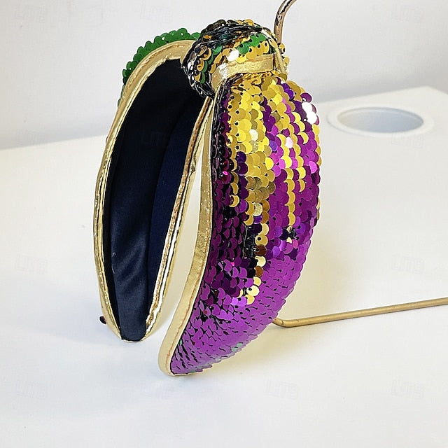 Mardi Gras Headband for Women Glitter Purple Green Yellow Sequin