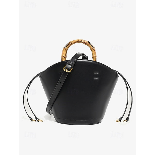 Sac seau en cuir marron avec anse en bambou pour femme