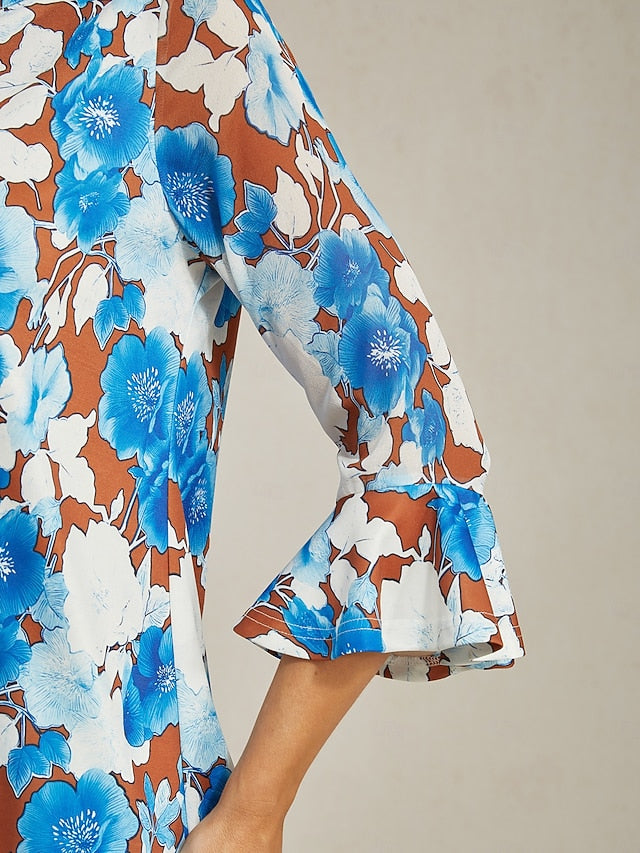 Women's Blouse Twisted Roman Chiffon Splice Blue Floral