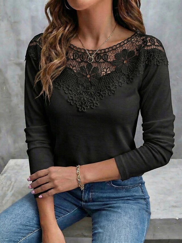 Women's T Shirt Lace T-shirt Tee Top Lace Patchwork Plain