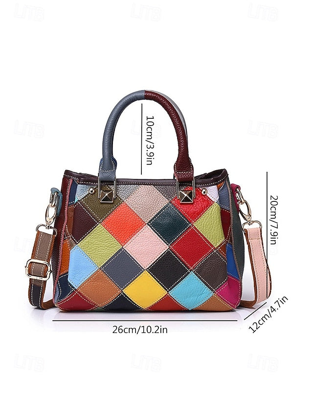 Women's Leather Handbag, Multi-Color Patchwork Design,