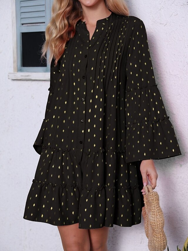 Women's Geometric Stand Collar Mini Dress Long Sleeve