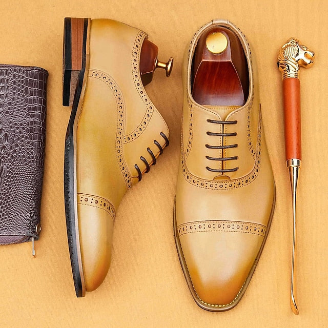 Light Shoes Wingtip Oxford Brown Men's Leather with Genuine