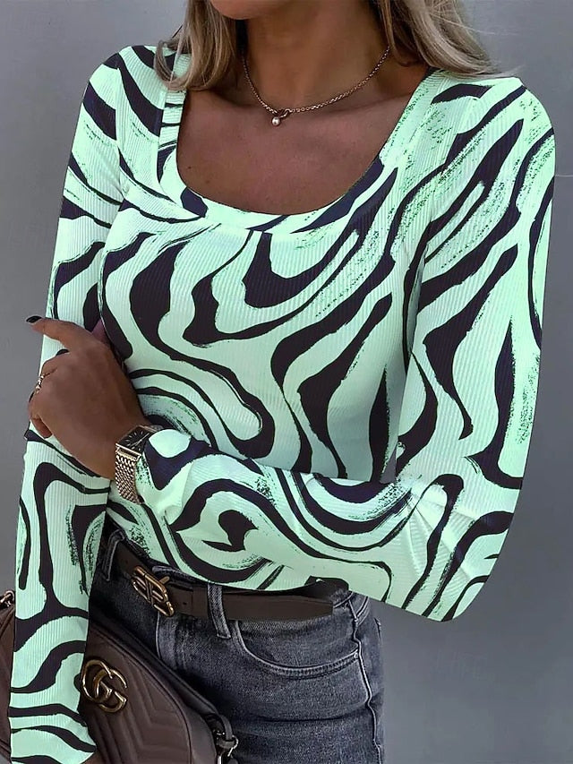 Women's T shirt Long Sleeve Ribbed Graphic Square Neck Long