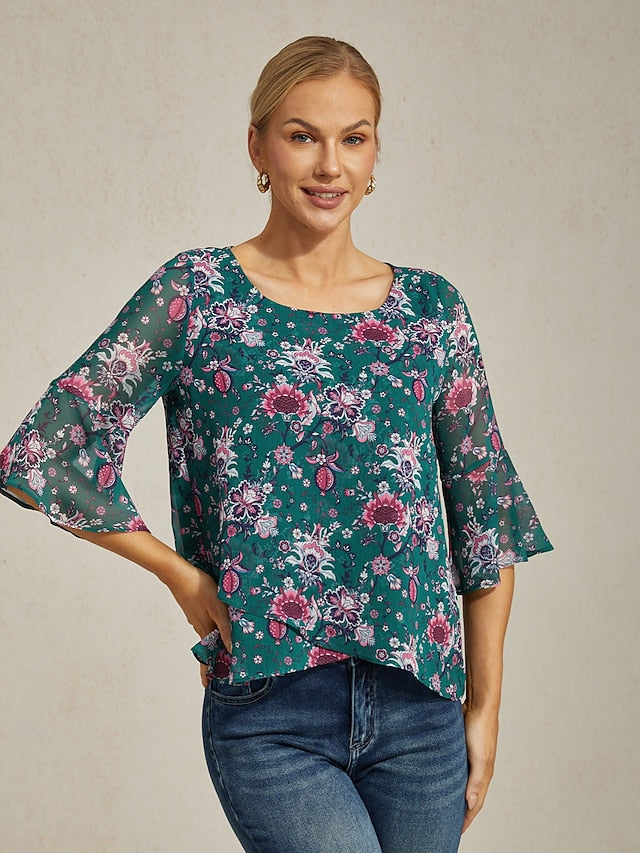Women's Green Floral Print Sheer Flowy Chiffon Blouse