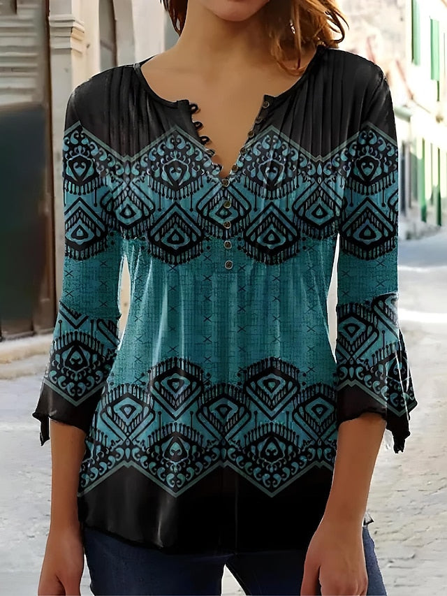 Women's T-Shirt V Neck Ombre Floral Graphic Elegant 3/4