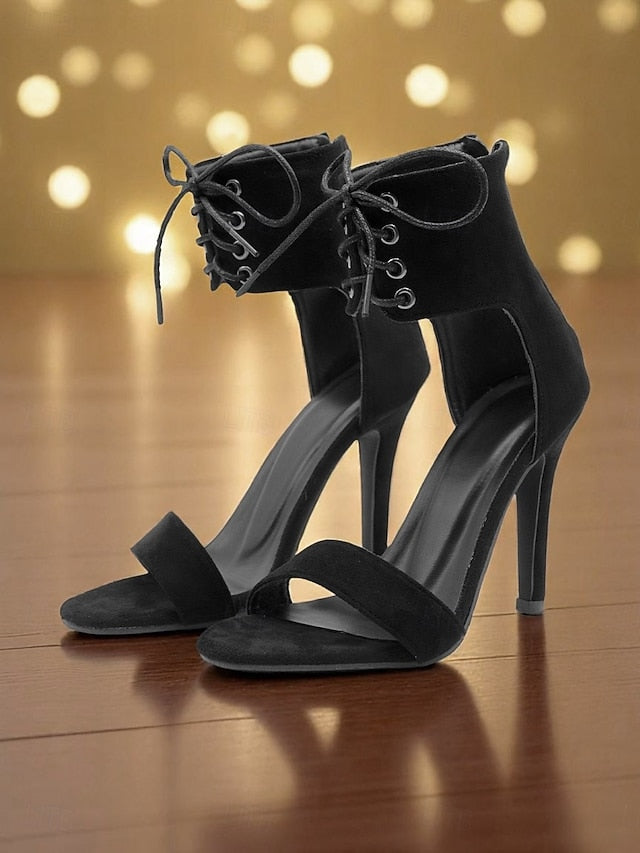 Black Sandals Heel Lace-Up High Women's Sexy Ankle Strap -