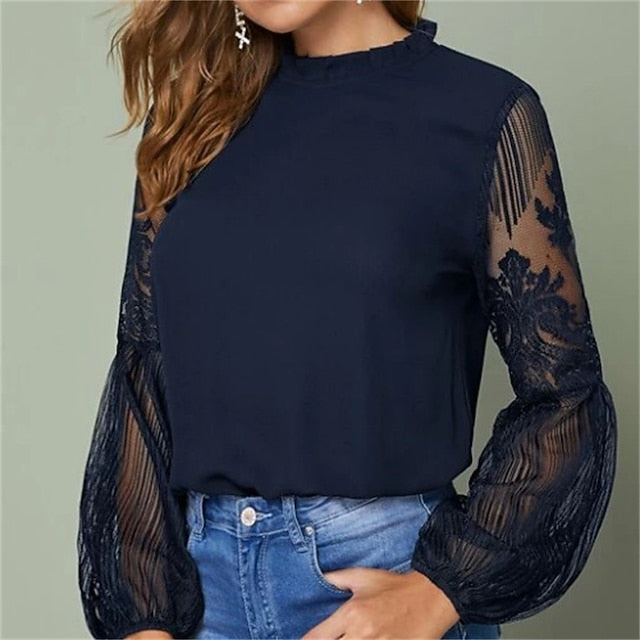 Women's Boho Shirt Lace Shirt Blouse Mesh Patchwork Top