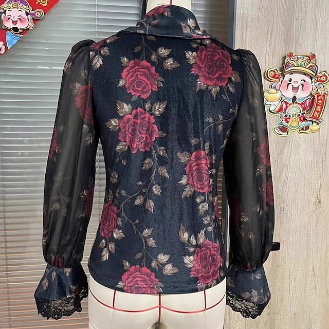 Women's Velvet Floral Lace V-Neck Blouse Long Sleeve Bell