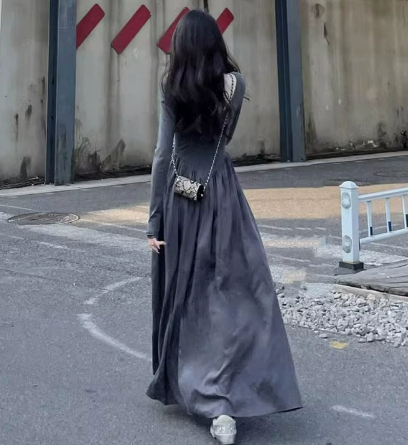 Original Grey O Neck Wrinkled Patchwork Cotton Dresses Spring HA1043