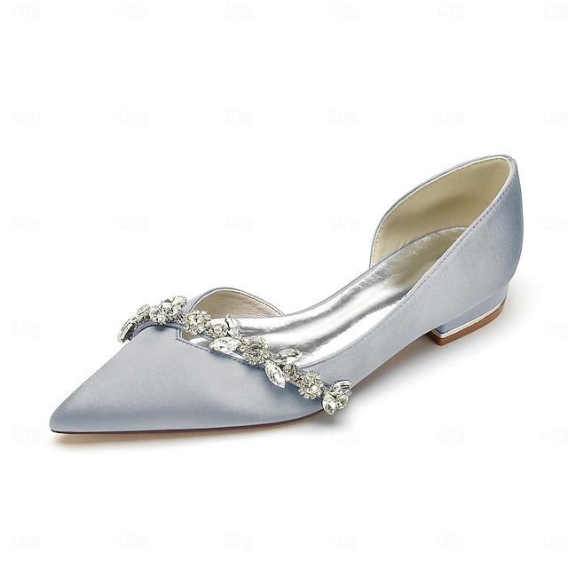 White Satin Flat Shoes Crystal Pointed Wedding with and Toe