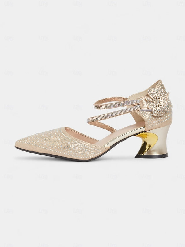Rhinestone Glitter Heel Women's Strap Low Pointed Ankle Toe