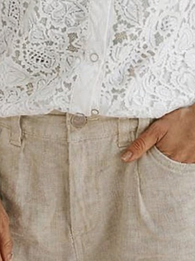 Women's Blouse Lace Buttons Solid Color Stylish Casual Long