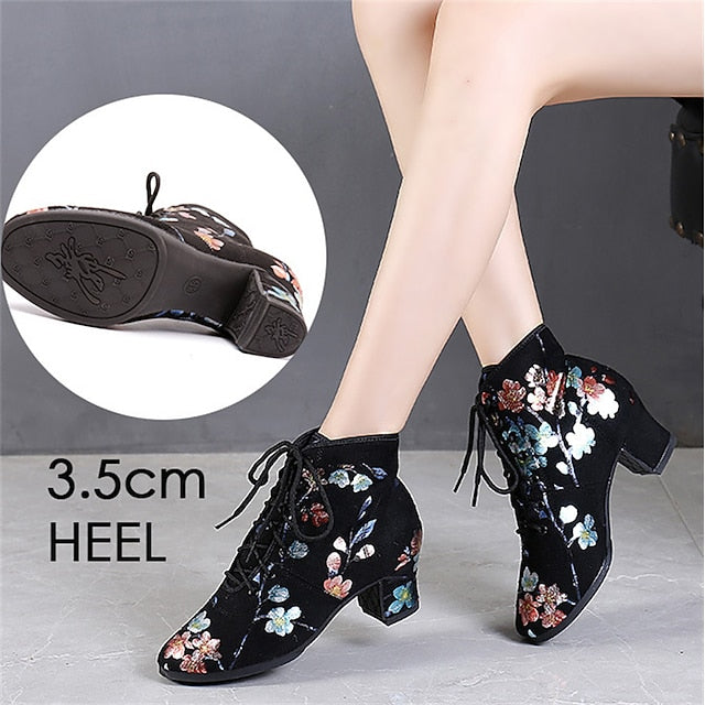 Black Low Floral Lace-up Comfortable Women Dance Shoes for –