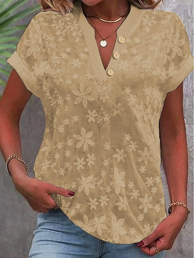 Women's Blouse Lace Solid Color Stylish Casual Short Sleeve