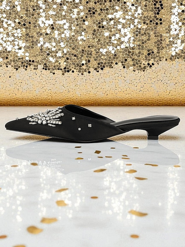 Satin Rhinestone with Toe Women's Pointed Mules Black