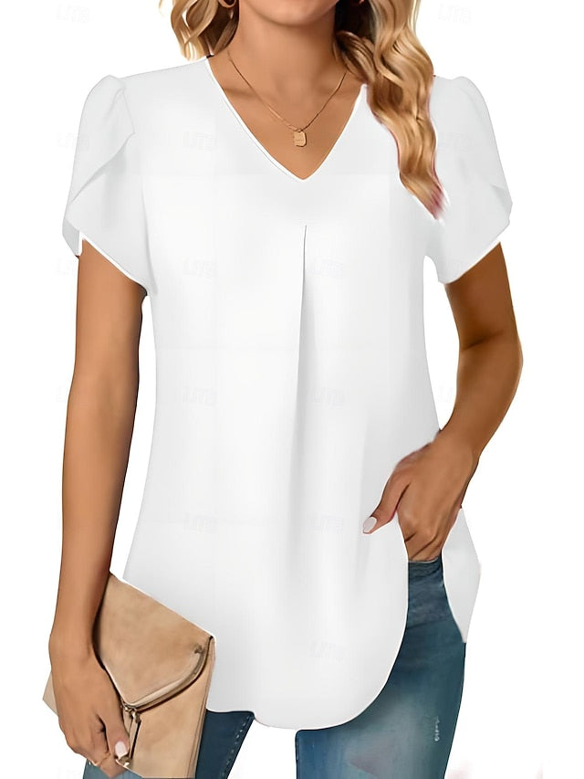Women's Blouse Solid Color Basic Casual Short Sleeve V Neck