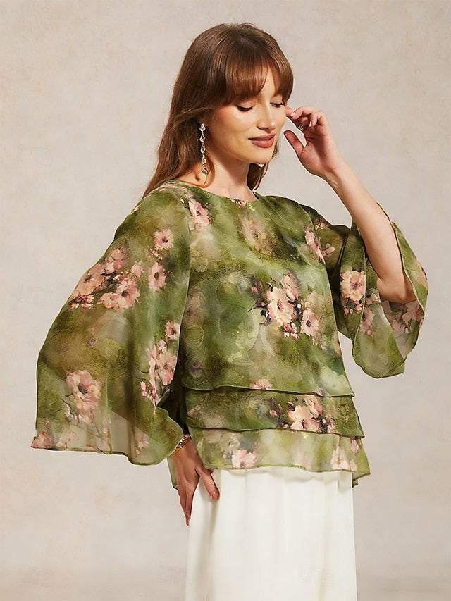 Women's Chiffon Tops Lace up Floral Elegant 3/4 Length