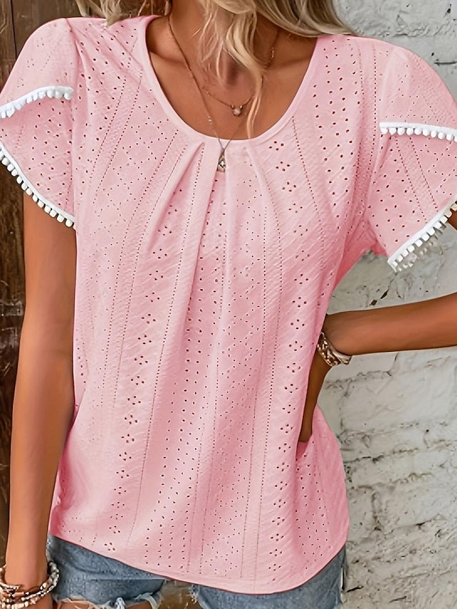 Women's Eyelet Embroidery T Shirts Patchwork Pleats Solid