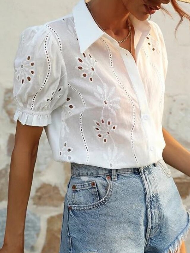 Women's Shirt Blouse Eyelet Buttons Solid Color Stylish